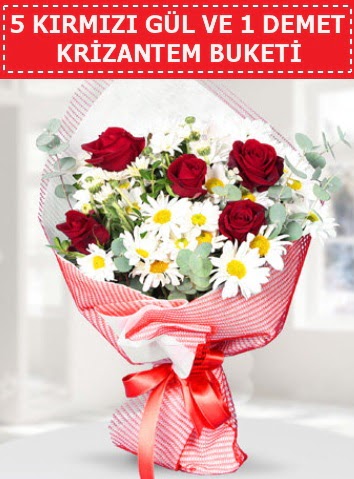 5 adet kırmızı gül ve krizantem buketi  Denizli çiçek online çiçek siparişi 